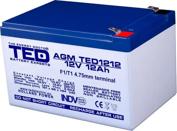 Оловна Батерия TED ELECTRIC, 12V, 12Ah, 152/ 98/ 96 mm, AGM - TED-12V-12-AGM