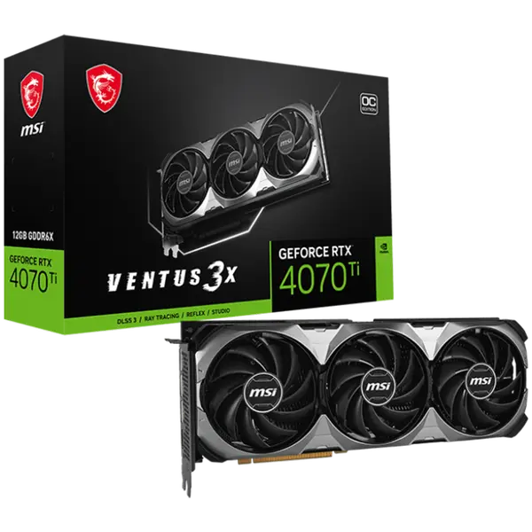 MSI Video Card Nvidia GeForce RTX 4070 Ti VENTUS 3X E1 12G OC, 12GB GDDR6X, 192-bit, 2640 MHz Boost, 7680 CUDA Cores, 21 Gbps, PCIe 4.0, 3x DP 1.4a, HDMI 2.1a - RTX_4070_TI_VENTUS_3X_E1_12G_OC