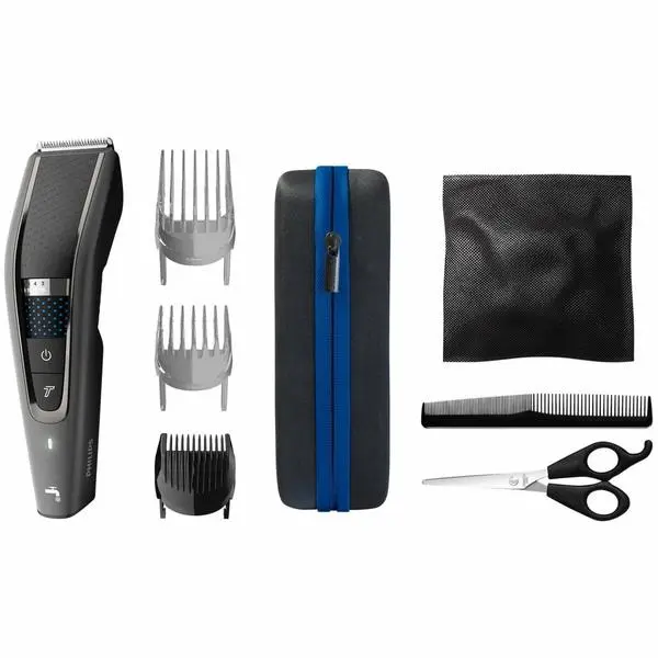 Машинка за подстригване Philips HC7650/15, миеща се, работа на батерия или включен към ел.жрежа, 28 настройки на дължината, 1 гребен за брада, 2 гребена за коса (дълъг и къс), 1 гребен за сресване и ножица, ножчета от неръждаема стомана, черна