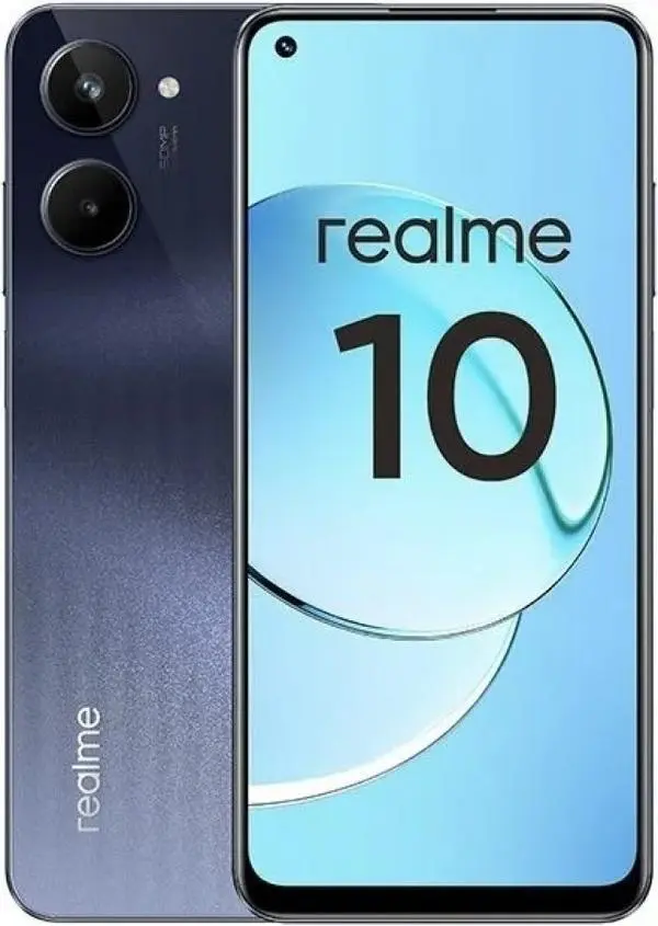 Realme 10 (черен), поддържа 2 SIM карти, 6.4" (16.26cm) AMOLED 90Hz дисплей, осемядрен Mediatek Helio G99 2x2.2 GHz & 6x2.0 GHz, 8GB RAM, 128GB Flash памет (+microSD слот), 50 + 2 + 16 Mpix камери, Android, 178g