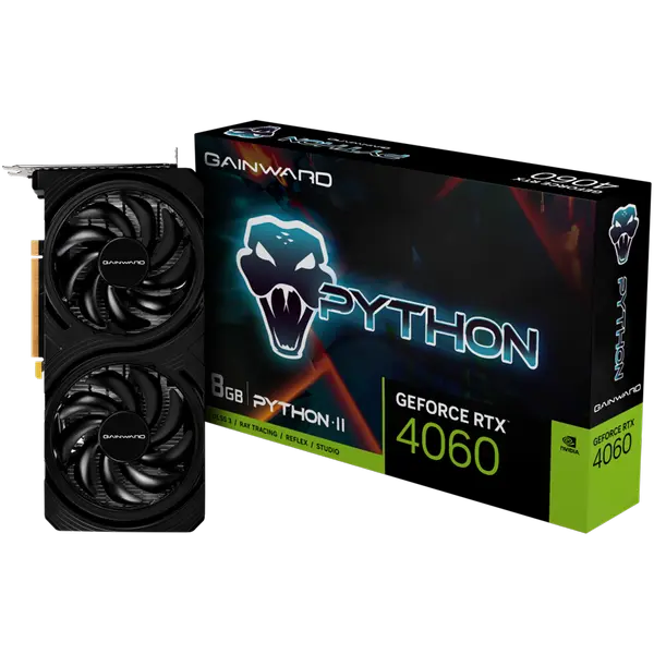 Gainward GeForce RTX 4060 Python II, 8GB GDDR6, 128bit, 1x HDMI 2.1, 3x DP 1.4a, two fan, 1x 8-pin Power connector, recommended PSU 600W, NE64060019P1-1070V - 4710562244496_3Y