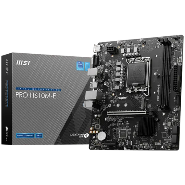 MSI PRO H610M-E, mATX, LGA 1700, Dual Channel DDR5 5600+MHz, 1x PCIe x16 slot, 1x M.2 slot - PRO_H610M-E