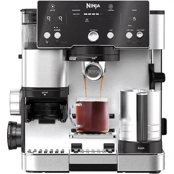 Кафемашина еспресо Ninja Luxe Cafe Essential ES501EU, 1650W, 2 л. воден резервоар, 9 бара налягане, мелничка и пенообразувател за лате, сребриста