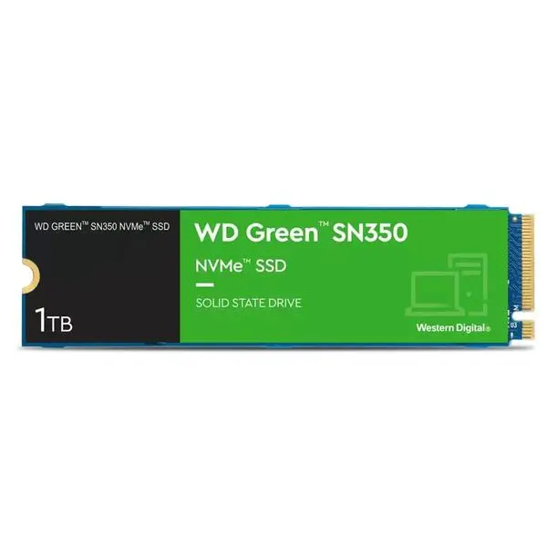 Памет SSD 1TB, Western Digital Green SN350 (WDS100T3G0C), NVMe, M.2 (2280), скорост на четене 3200 MB/s, скорост на запис 2500 MB/s