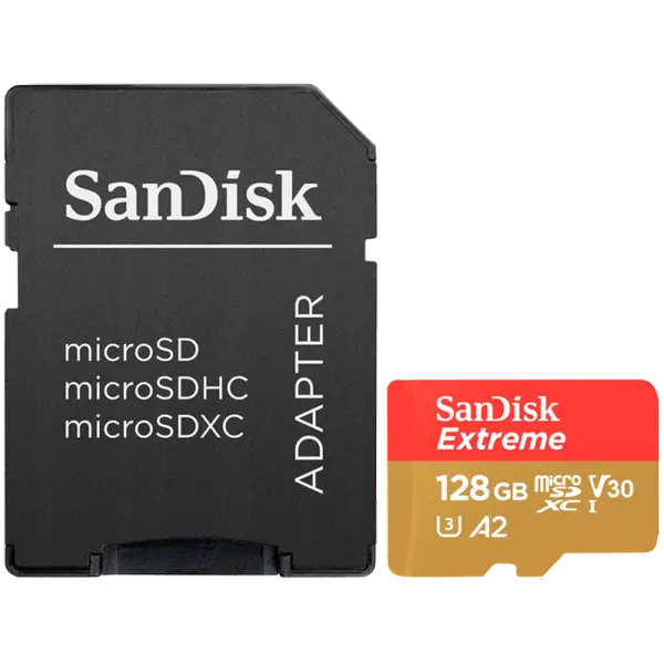 SanDisk Extreme microSDXC 128GB + SD Adapter + 1 year RescuePRO Deluxe up to 190MB/s & 90MB/s Read/Write speeds A2 C10 V30 UHS-I U3 - SDSQXAA-128G-GN6MA