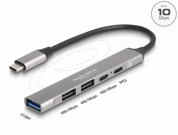 Delock Хъб USB-C, 4 порта, 1 x USB-A 10 Gbps, 2 x USB-A, 1 x USB-C, USB-C PD 95 W - DELOCK-64298