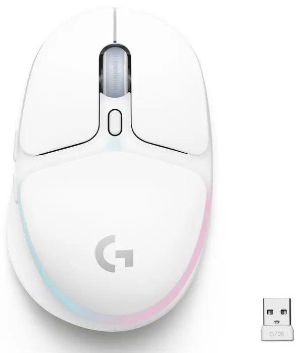 Logitech G705, оптична (8200 dpi), безжична, USB, Bluetooth, гейминг, бяла, 6 програмируеми бутона, RGB подсветка, до 40 часа време на работ, 910-006367