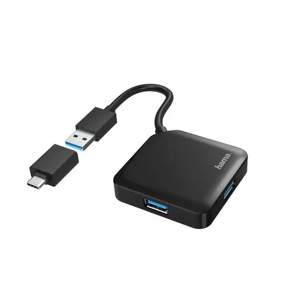 USB хъб HAMA, USB-А 4-портов, USB 3.2 Gen 1, 5 Gbit/s, USB-C адаптер, Черен - HAMA-200116