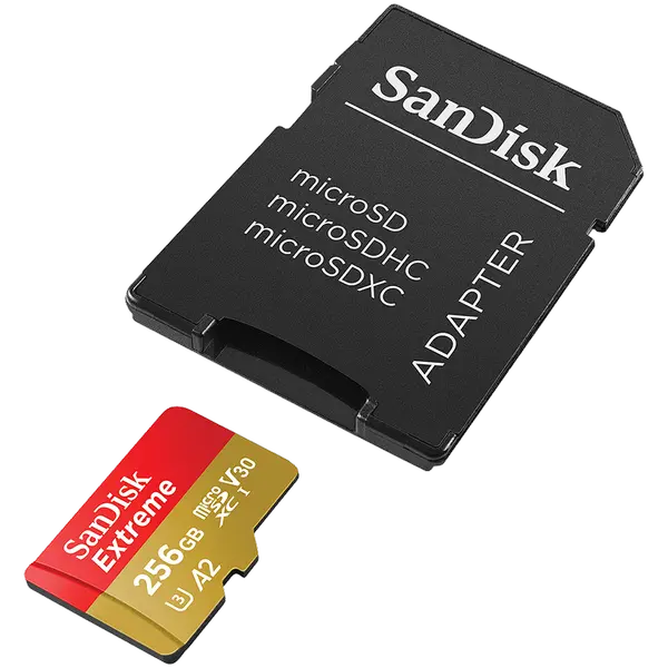 SanDisk Extreme microSDXC 256GB + SD Adapter + 1 year RescuePRO Deluxe up to 190MB/s & 130MB/s Read/Write speeds A2 C10 V30 UHS-I U3 - SDSQXAV-256G-GN6MA