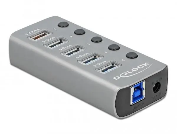 USB хъб Delock 3.2 Gen 1, 4 x USB-A, 1 Fast Charging Port, 1 x USB-B, Подсветка, Сив - DELOCK-63262
