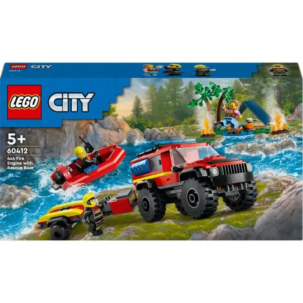 LEGO City Пожарна кола 4x4 със спасителна лодка (60412) е страхотен комплект за играчки за деца на възраст над 5 години, които обичат пожарни автомобили и спаси...
