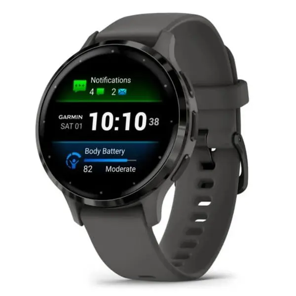 Garmin Venu 3S, 1.2" (3.04cm) AMOLED дисплей, 41 мм,  до 10 дни време на работа, 5ATM, Bluetooth, ANT+, Wi-Fi, GPS, пулсомер, следене на съня, черен безел с тъмносив корпус, 010-02785-00