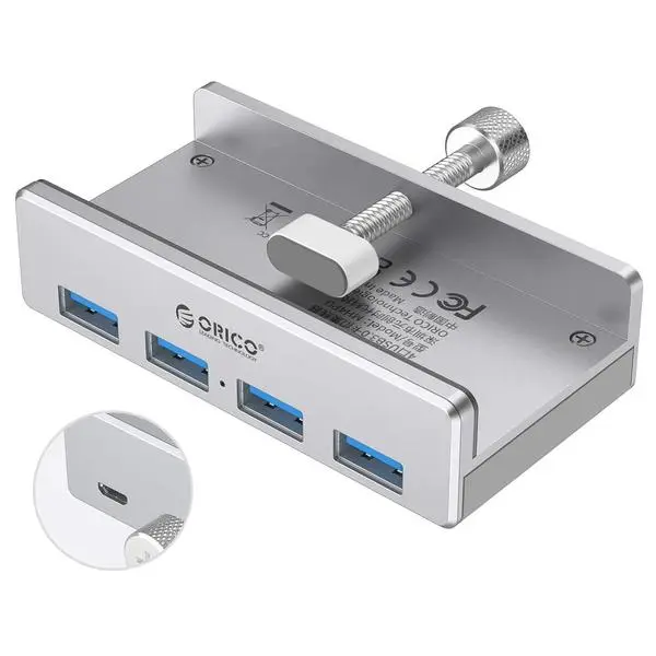 Orico Хъб USB 3.0 HUB Clip Type 4 port aux Micro-USB power input, Aluminum MH4PU-P-SV - MH4PU-P-SV-BP