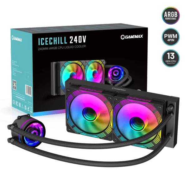 GameMax IceChill 240V Black, All in One Liquid Cooler, SYNC Aura ARGB light via motherboard supports Intel LGA1851/1700/1366/1200/115X, AMD AM5/AM4