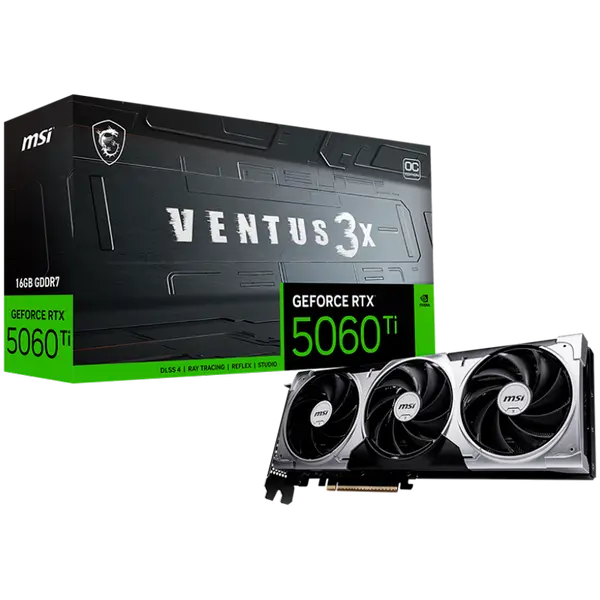 MSI Video Card NVIDIA GeForce RTX 5060 Ti 16G VENTUS 3X OC, 16GB GDDR7, 128-bit, 2617 MHz Boost, 4608 CUDA Cores, PCIe 5.0 (x8), 3x DP 2.1b, HDMI 2.1b - RTX_5060_TI_16G_VENTUS_3X_OC