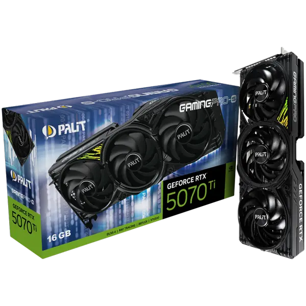 PALIT GeForce RTX 5070 Ti GamingPro-S 16GB GDDR7 256 bit, 1x HDMI 2.1b, 3x DP 2.1b, 3 Fan, 1x 16-pin pwr connector, 750W, 331.9 x 127.1 x 49.7 mm, NE7507T019T2-GB2031U - 4710562245523_3Y