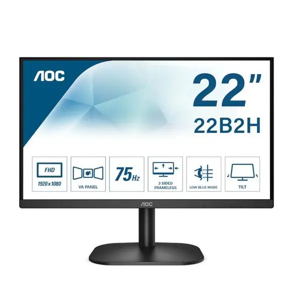 Монитор AOC 22B2H/EU, 21.5" (54.61 cm) VA панел, 75 Hz, Full HD, 4 ms, 20000000 :1, 250 cd/m2, HDMI, VGA