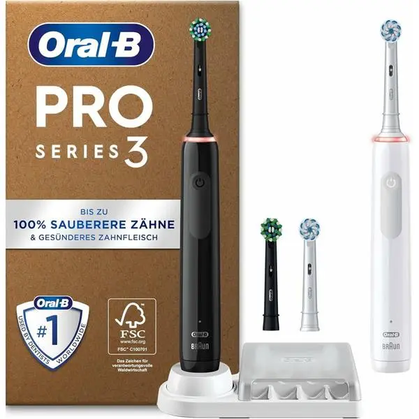Ел. четка за зъби Oral-B Pro Series 3 Plus Edition Twin Pack, 360° контрол на налягането, 3 режима, 3D технология за почистване, черна