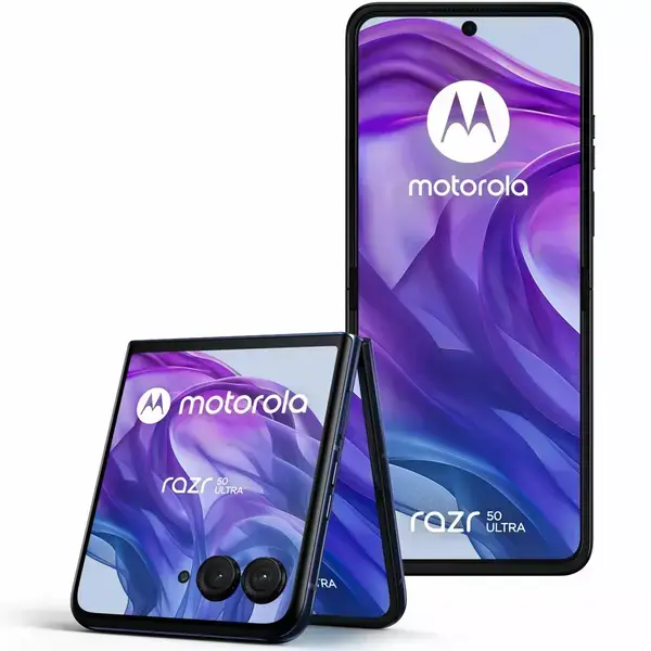 Motorola Razr 50 Ultra (син), поддържа 2 SIM карти, 6.9" (17.52cm) Foldable LTPO AMOLED 165Hz дисплей, осемядрен Snapdragon 8s Gen 3 3.0GHz, 12GB LPDDR5X, 512GB Flash памет, 50 + 50 & 32 Mpix камери, Android, 189g, PB1T0002PL