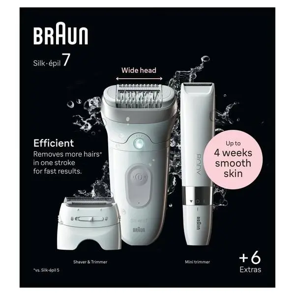 Комплект епилатор и тример Braun Silk-epil 7 (SE7-441), до 40 минути време на работа, 2 скорости, 40 броя пинсети, MicroGrip технология, водоустойчива, бяла