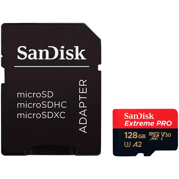 SanDisk Extreme PRO microSDXC 128GB + SD Adapter + 2 years RescuePRO Deluxe up to 200MB/s & 90MB/s Read/Write speeds A2 C10 V30 UHS-I U3 - SDSQXCD-128G-GN6MA
