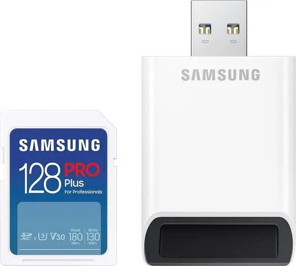 Samsung PRO Plus, SD Card, 128GB, USB Четец, Бяла, SAM-SDHC-MBSD128SBWW