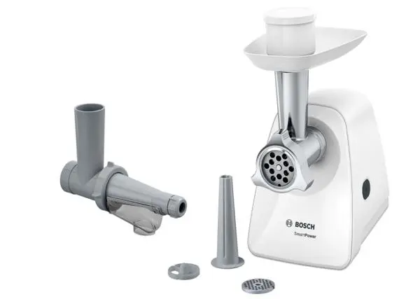 Bosch MFW2515W, Meat mincer, SmartPower Meat mincer from SmartPower range: 1500W, 1,7 kg/min, 2 sieves, 1 sausage horn, fruit press attachment, no reverse, white - MFW2515W
