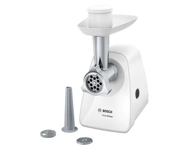 Bosch MFW2510W, Meat mincer, SmartPower Meat mincer from SmartPower range: 1500W, 1,7 kg/min, 2 sieves, 1 sausage horn, no reverse, white - MFW2510W