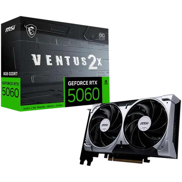MSI Video Card NVIDIA GeForce RTX 5060 8G VENTUS 2X OC, 8GB GDDR7, 128-bit, 2535 MHz Boost, 3840 CUDA Cores, PCIe 5.0 (x8), 3x DP 2.1b, HDMI 2.1b, RAY TRACING - RTX_5060_8G_VENTUS_2X_OC