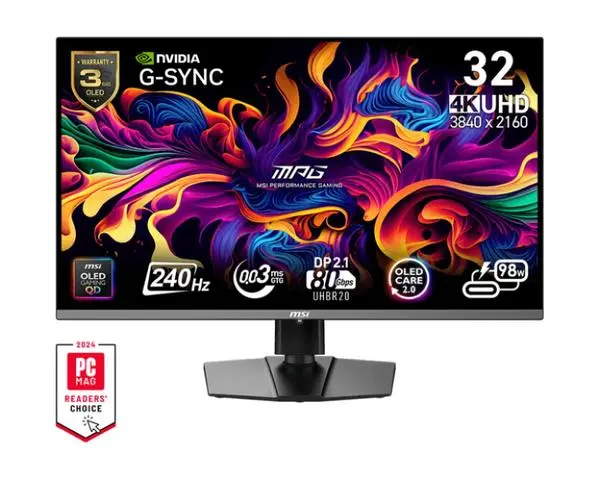 MSI MPG 322URX QD-OLED, 31.5", 0.03ms, 240Hz, Flat, 3840x2160 UHD, 16:9, G-Sync Compatible, HDR True Black 400 - 9S6-3DD29A-016