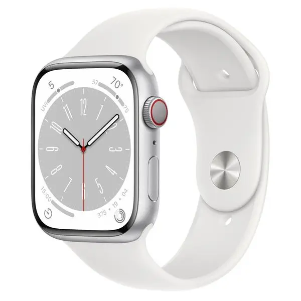 Apple Watch Series 8 GPS + Cellular 45mm Silver Aluminium Case with White Sport Band - Regular - MP4J3BS/A