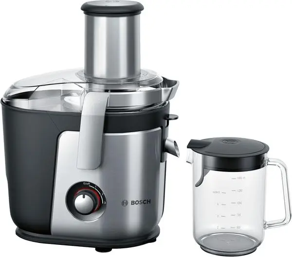 Bosch MES4010, Centrifugal juicer 1200 W, 3 speeds, 3 lt pulp container, 1.5 ltr juice container & foam separator, XXL feeding tube (84 mm), ceramic knife, electropolished stainless steel sieve, die-cast aluminum body and clamps, juice outlet with dr