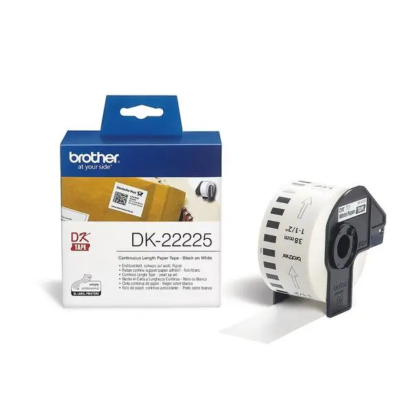 Brother DK-22225 White Continuous Length Paper Tape 38mm x 30.48m, Black on White - DK22225