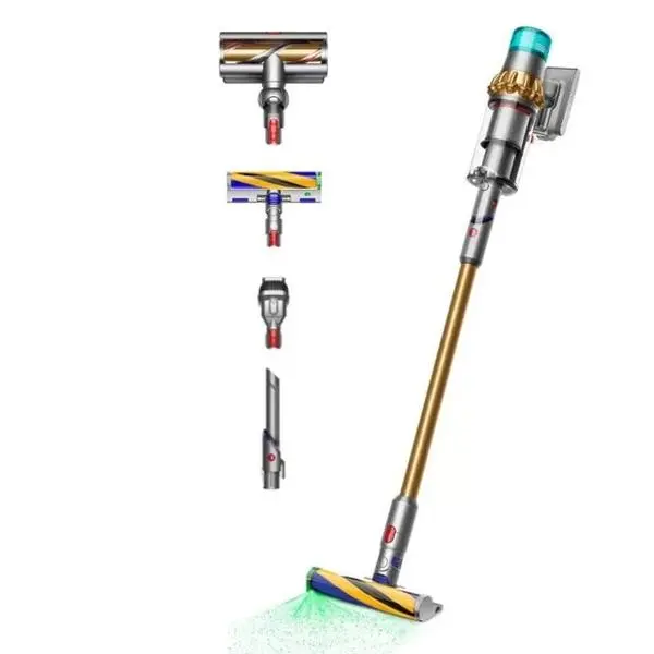 Прахосмукачка Dyson V15 Detect Absolute Gold, вертикална/ръчна, безжична, 0.77 л. капацитет на контейнера, до 60 минути време на работа, HEPA филтър, циклонна технология, 3 режима, сива,  447000-01