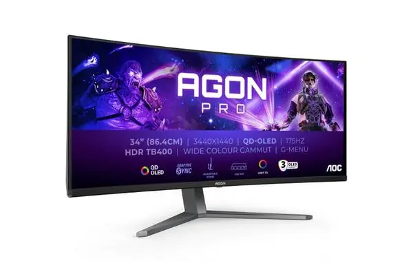 AOC  34" Curved 1800R QD-OLED, 3440x1440@175Hz, 0.03msGtG, 1000 cd/m2, 1.5M:1, 80M:1DCR, Adaptive Sync - AG346UCD