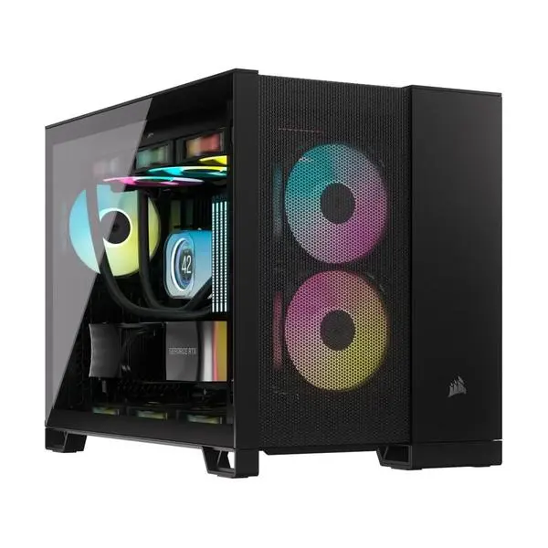 Кутия Corsair 2500D, microATX/Mini-ITX, 1x USB 3.2 Gen 2 Type-C, 2x USB 3.2 Gen 1 Type-A, с прозорец, черна, без захранване