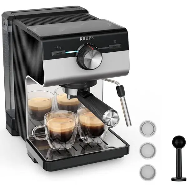 Кафемашина еспресо Krups XP384E10, 1400W, 15 bar, 2 l. обем на резервоара за вода, дюза за пара, филтър с двойна стена, черна