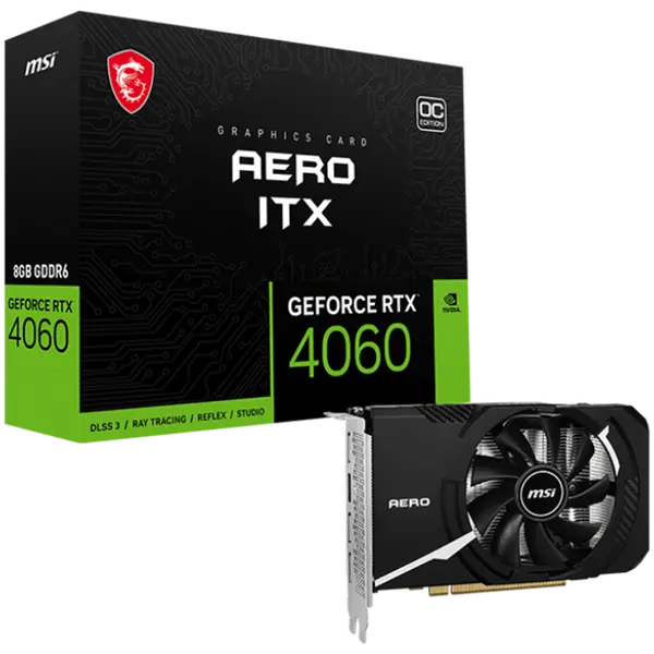 MSI Video Card Nvidia GeForce RTX 4060 AERO ITX 8G OC, 8GB GDDR6, 128bit, Boost: 2490 MHz, 3072 CUDA Cores, 17 Gbps Memory Speed, PCIe Gen 4 x 8,3x DP v1.4a - RTX_4060_AERO_ITX_8G_OC