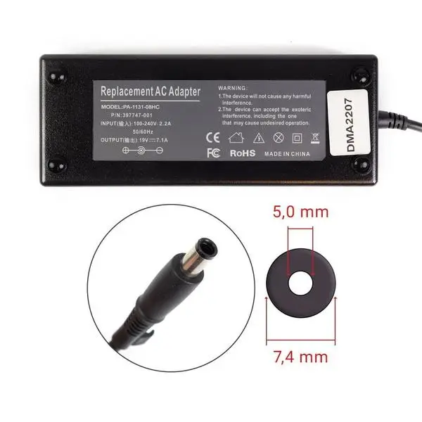 Заряднo за лаптоп HP, 135W/19V/7.1A, букса - 7.4mm 5.0mm