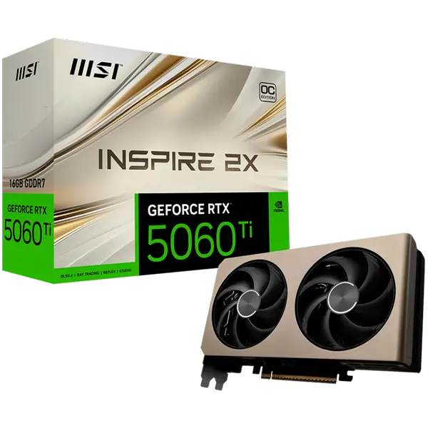 MSI Video Card NVIDIA GeForce RTX 5060 Ti 16G INSPIRE 2X OC, 16GB GDDR7, 128-bit, 2617 MHz Boost, 4608 CUDA Cores, PCIe 5.0 (x8), 3x DP 2.1b, HDMI 2.1b - RTX_5060_TI_16G_INSPIRE_2X_OC