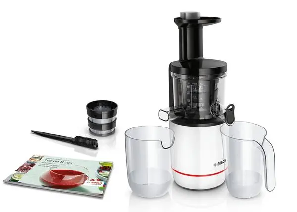 Bosch MESM500W, Slow juicer VitaExtract 150 W, 55 rpm, 1 speed + reverse function, tritan screw, MixControl lever, juice container 1 l, pulp container 1,3l, 2 filters (fine, coarse), white / black - MESM500W