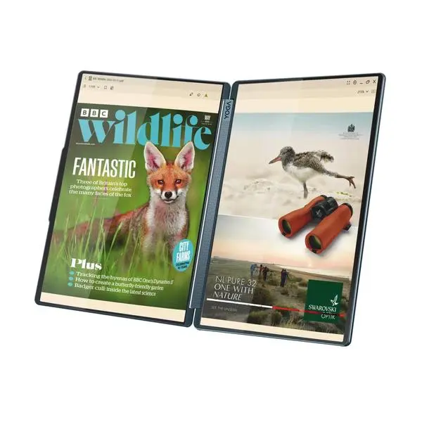 Лаптоп Lenovo Yoga Book 9 (83KJ0019RM)(син), шестнадесетядрен Intel Core Ultra 7 255H 2.5/5.1GHz, 2x 14"(35.56) 2.8K OLED Display, 32GB DDR5x, 1TB SSD NVMe, 3x Thunderbolt 4, Windows 11 Home