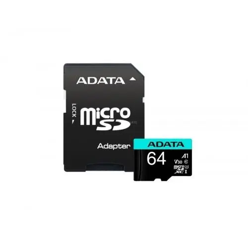 Карта памет 64GB microSDHC с адаптер, Adata High Endurance AUSDX64GUI3V30SA2-RA1, UHS-I U3, скорост на четене 100МB/s, скорост на запис 80MB/s