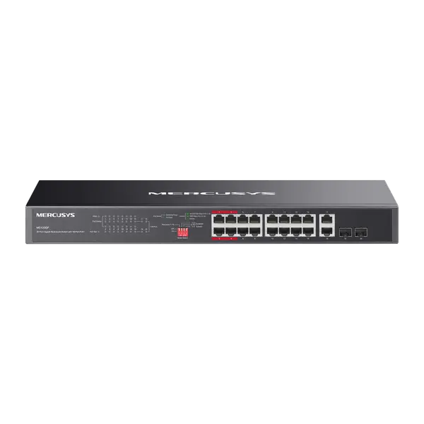 20-портов гигабитов комутатор за монтаж в шкаф Mercusys MS120GP с 16 PoE+ порта (v)