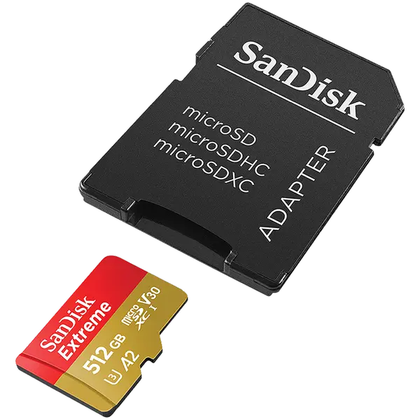 SanDisk Extreme microSDXC 512GB + SD Adapter + 1 year RescuePRO Deluxe up to 190MB/s & 130MB/s Read/Write speeds A2 C10 V30 UHS-I U3, EAN: 619659189648 - SDSQXAV-512G-GN6MA