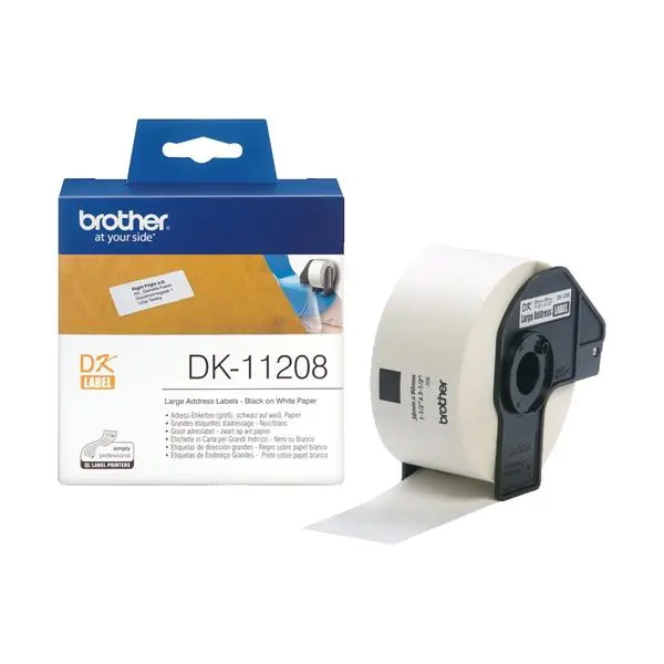 Brother DK-11208 Large Address Paper Labels, 38mmx90mm, 400 labels per roll, (Black on White) - DK11208