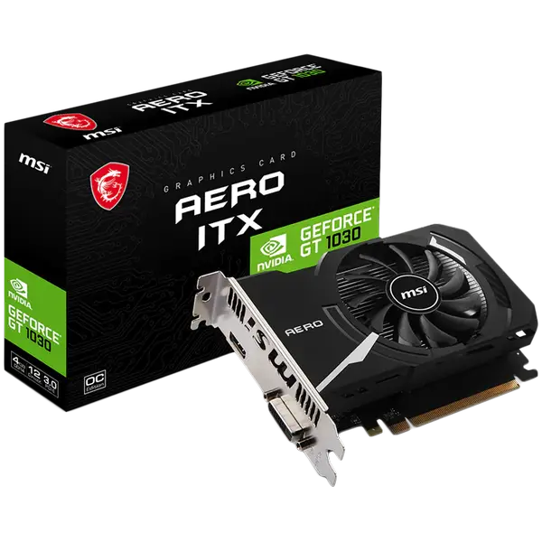 MSI Video Card Nvidia GeForce GT 1030 AERO ITX 4GHD4 OC, 4GB DDR4, 64-bit, 2100MHz Memory Speed, 1430MHz Boost, 384 CUDA Cores, 1x DVI-D, HDMI 2.1, 300W Recommended PSU - GT_1030_AERO_ITX_4GD4_OC