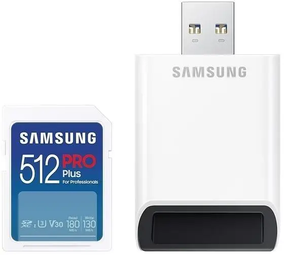 Samsung PRO Plus, SD Card, 512GB, USB Четец, Бяла, SAM-SDHC-MBSD512SBWW