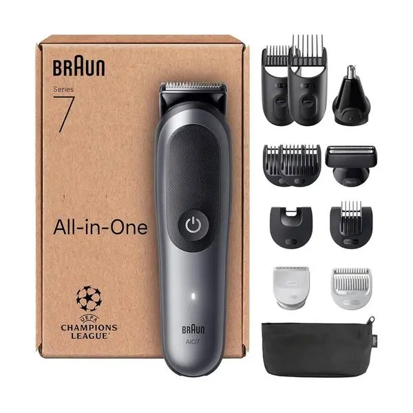 Мултитример Braun All-in-One Series 7 12-in-1, 14 настройки за дължината, ProBlade ножче, водоустойчив, SkinGuard технология, до 120 минути време на работа, сив