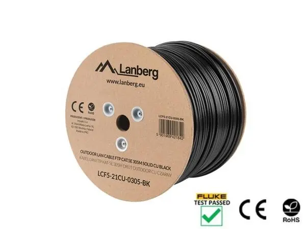 Lanberg LAN cable CAT.5e ftp 305m solid outdoor cu black fluke passed - LCF5-21CU-0305-BK